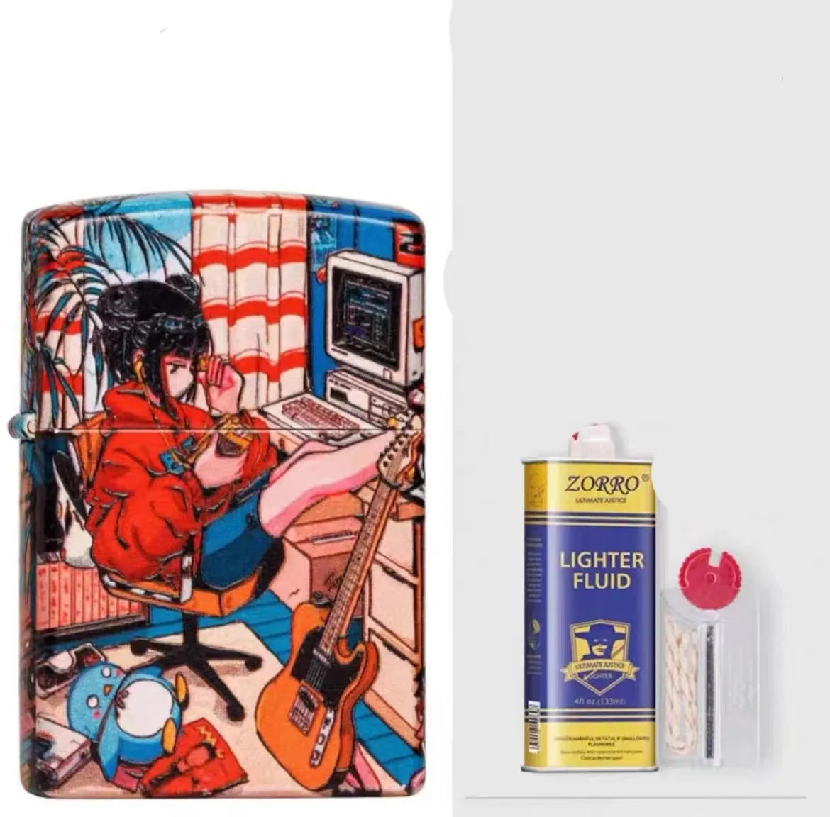Windproof kerosene lighter with decorative copper case showing artistic design