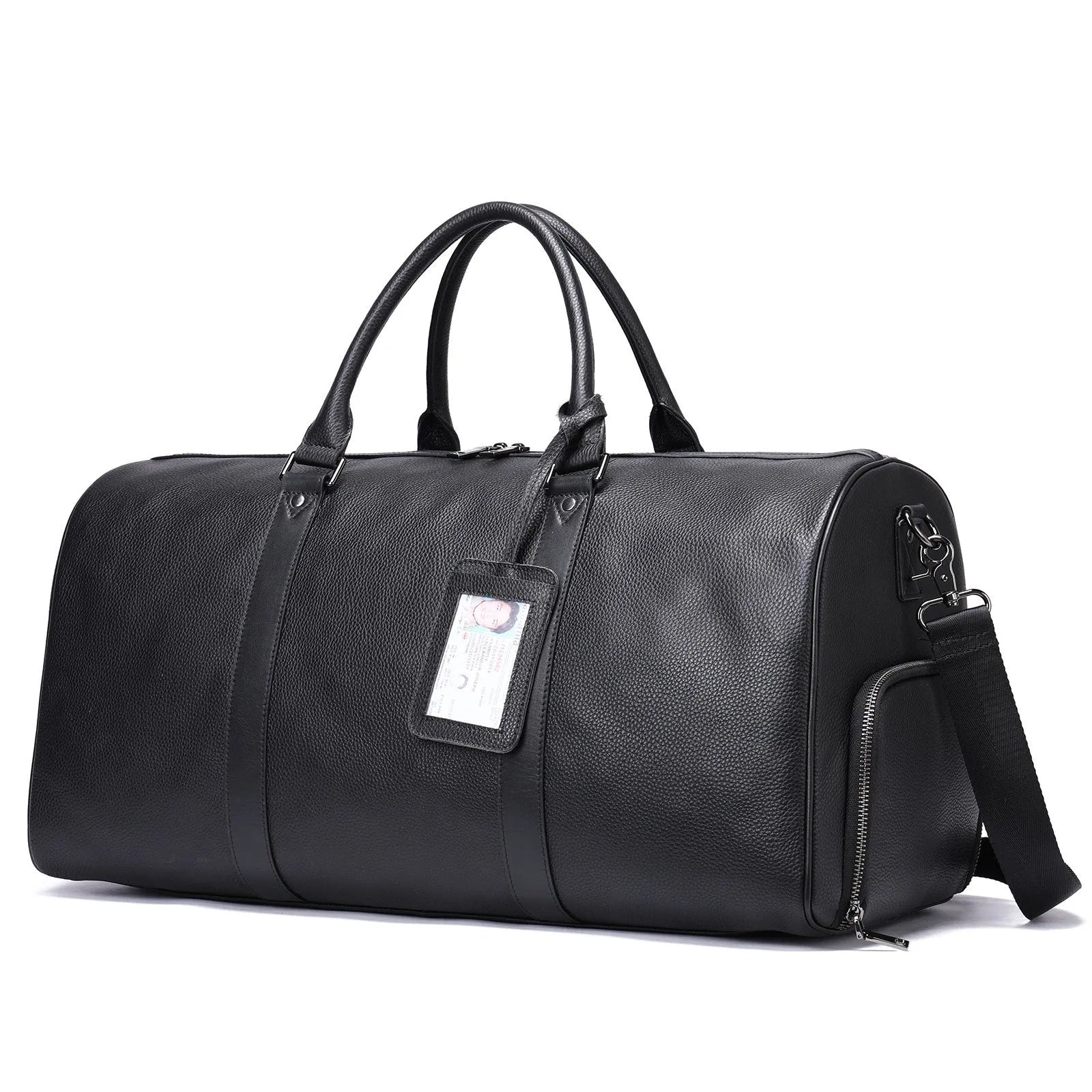 Men's black leather tote bag with a single shoulder strap, shown open to display large capacity.
