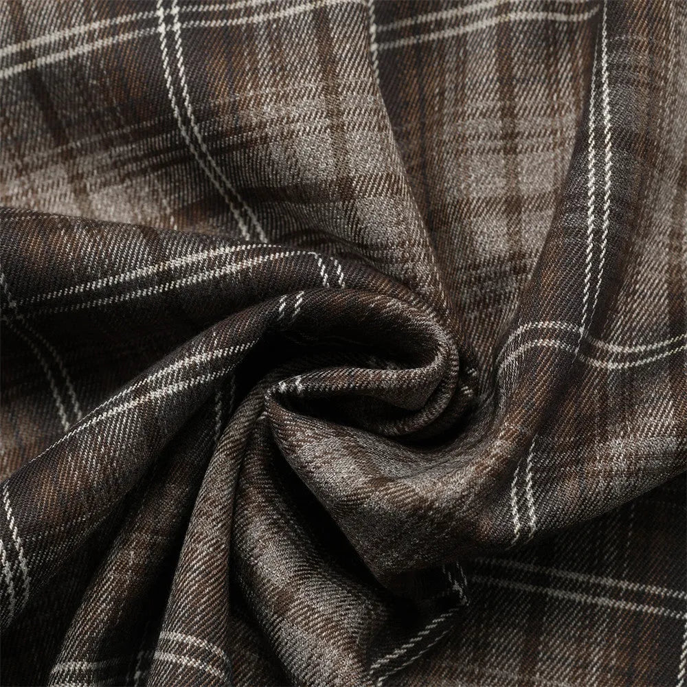 Men's black and brown plaid short sleeve shirt with embroidered letter design and lapel collar.
