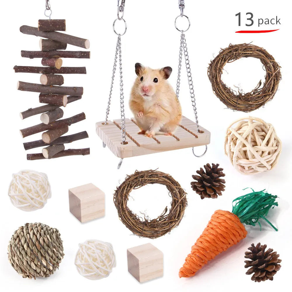 Wooden pet chewing toys bundle for rabbits guinea pigs and parrots with natural wood materials