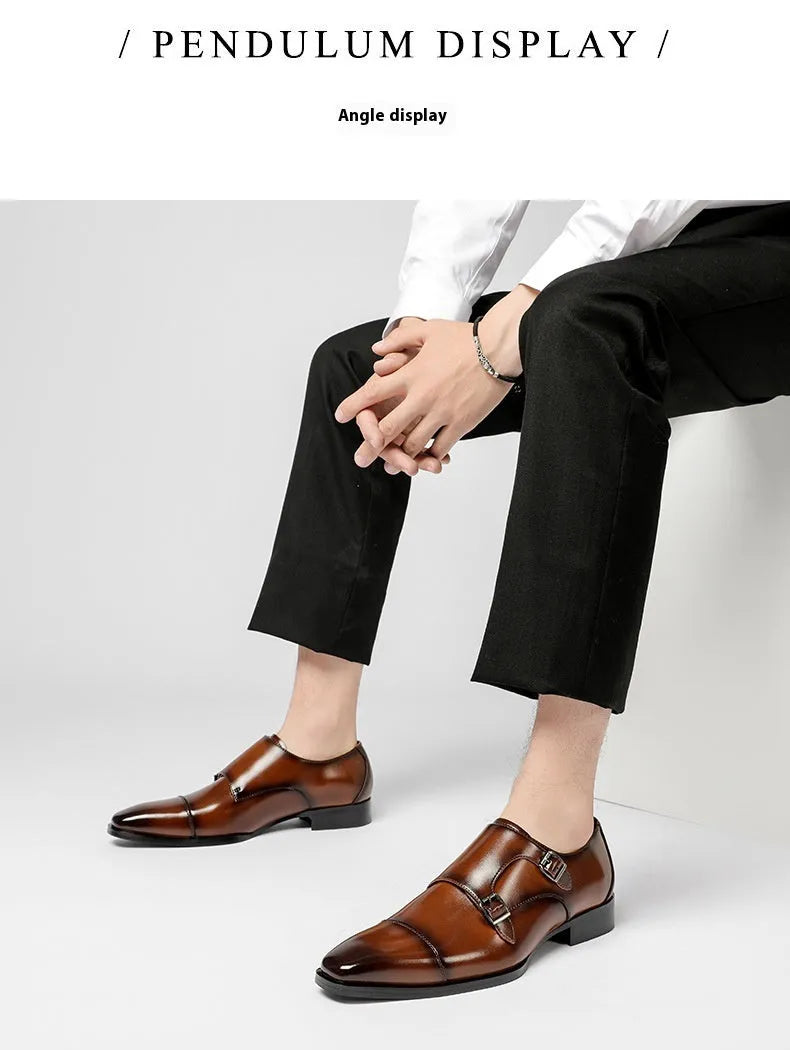 Men's black British style leather business shoes with square toe design and rubber sole