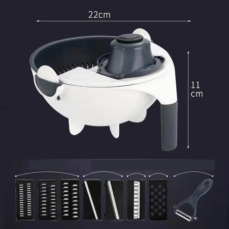 Hand-crank vegetable cutter in simple grey with three blades and fresh-keeping box on a kitchen counter