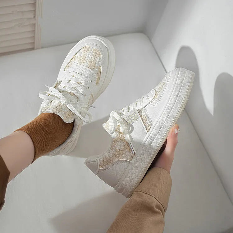 Beige platform sports board shoes with plaid pattern, mesh lining, and rubber sole