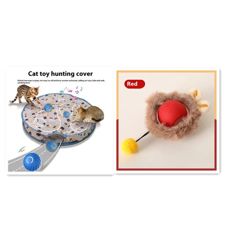 Silicone rolling ball cat toy in red, green, or grey colours, some variants with an attached rope.