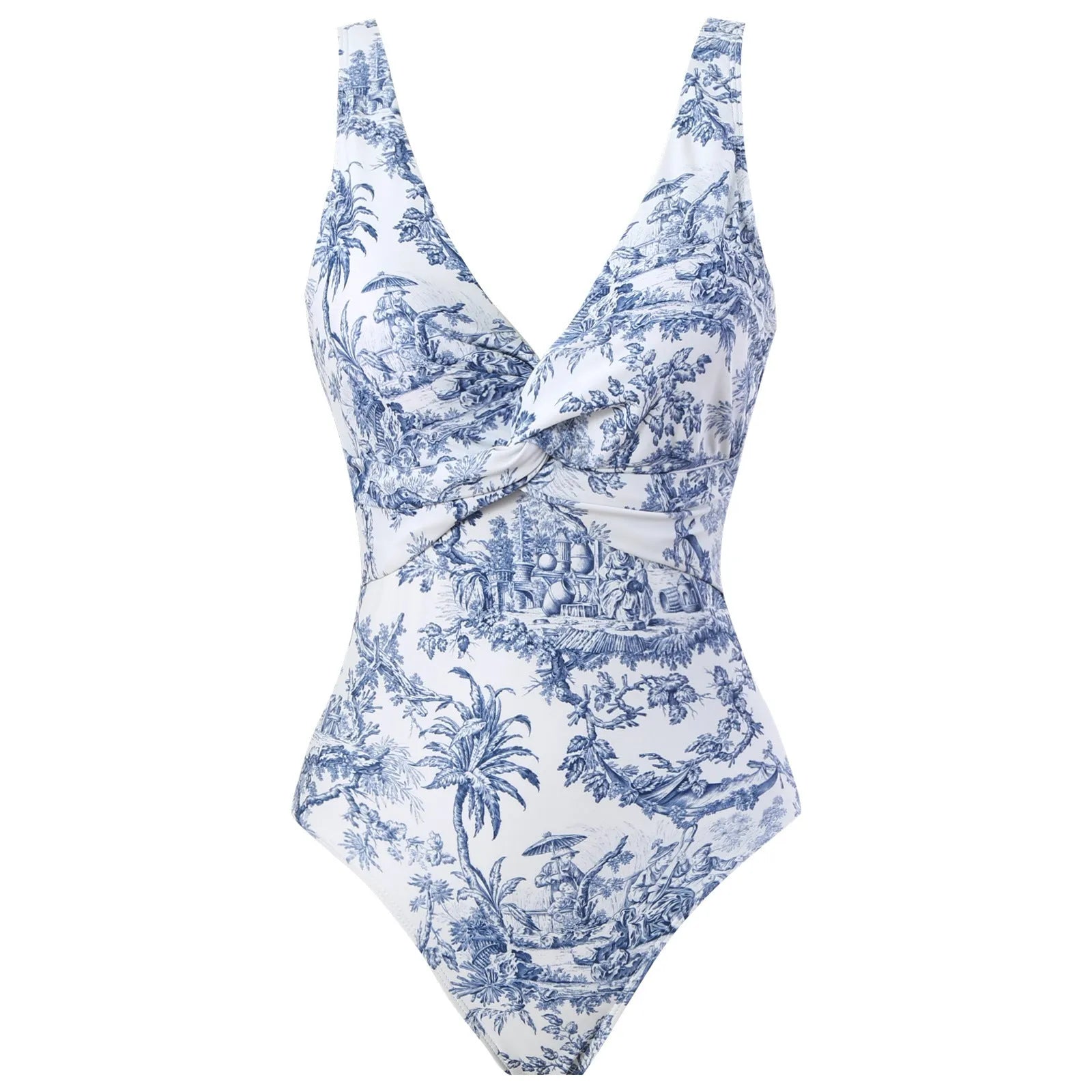 Women's yellow floral vintage print one-piece swimsuit with short sleeves on a mannequin.