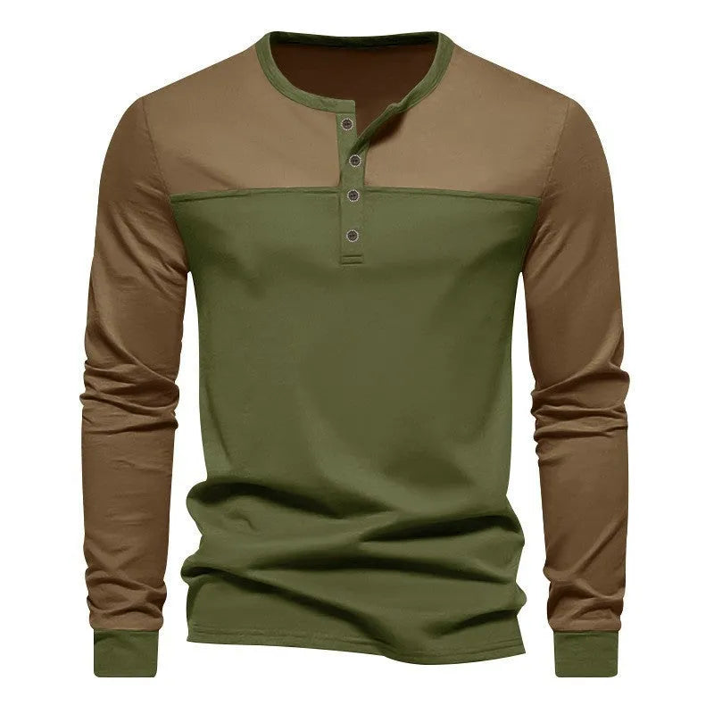Men's brown army green long-sleeve casual shirt with Henry collar