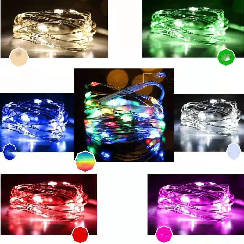 12 metre copper wire LED string lights with 120 bulbs in battery-powered light post