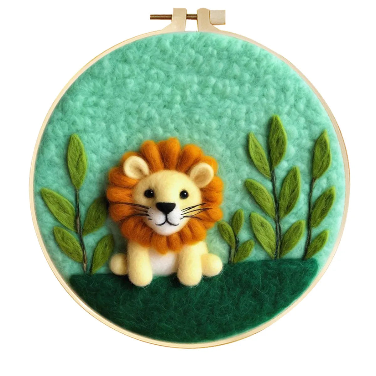 Round linen embroidery kit with wool felt pieces for 3D flowers and leaves, includes a free frame.