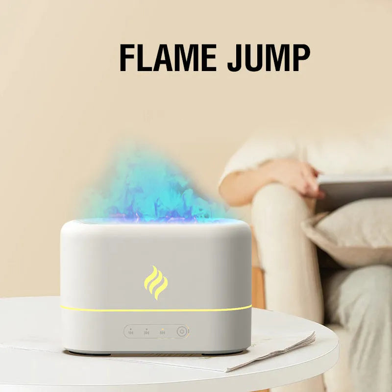 Black and white USB humidifier showing seven-colour flame light effect on a desk.
