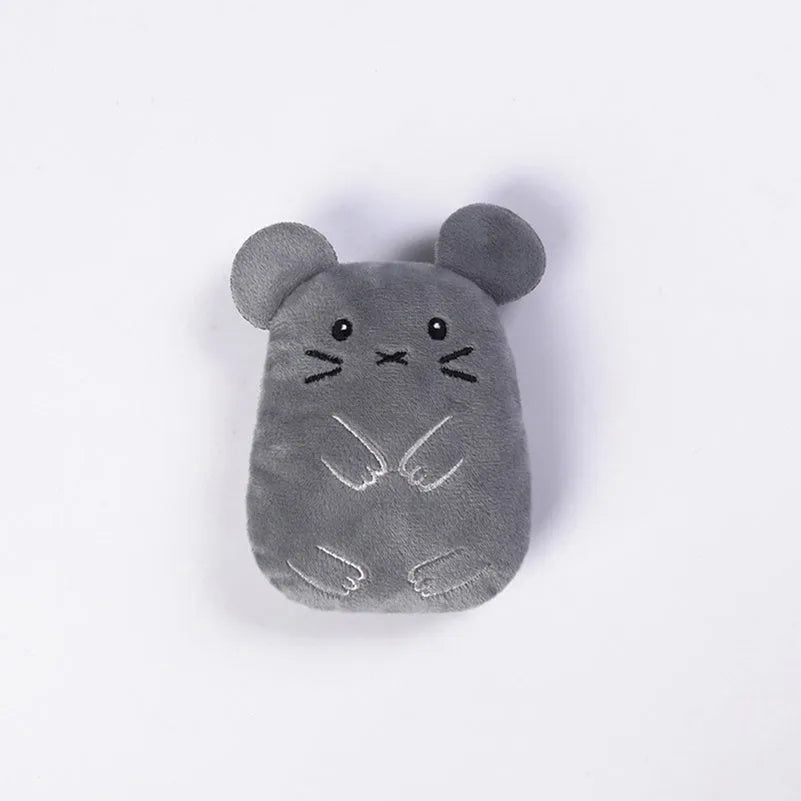 Small plush catnip toy with vocal feature for feline teeth grinding and claw play