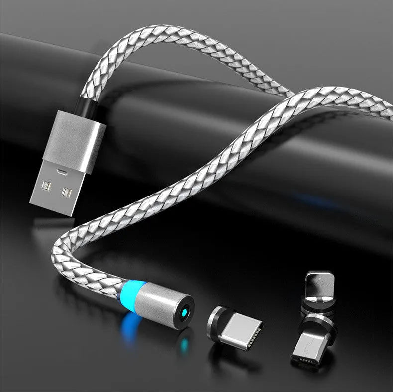 Magnetic charging cable with breathing light showing USB plug and interchangeable Lightning, Micro USB, and Type-C magnetic heads.