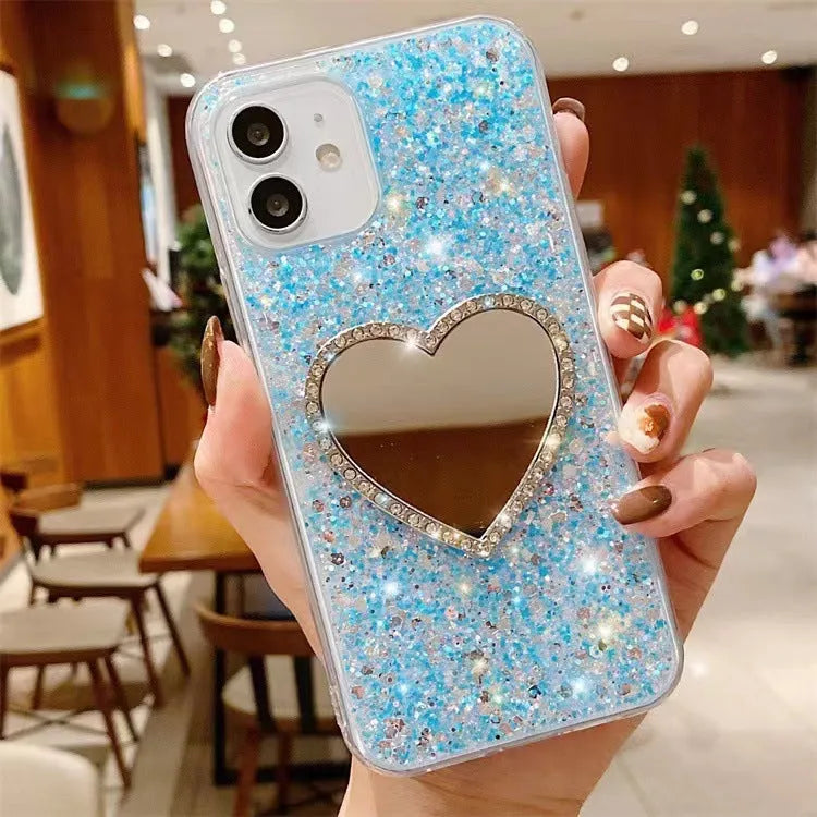 Glitter heart mirror rhinestone TPU phone case for Apple iPhone 11 12 13 14 15 Pro Max in gold