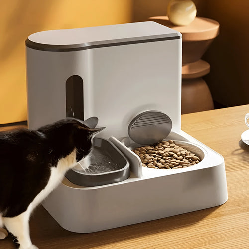 Grey automatic cat feeder and water dispenser unit with integrated double bowls