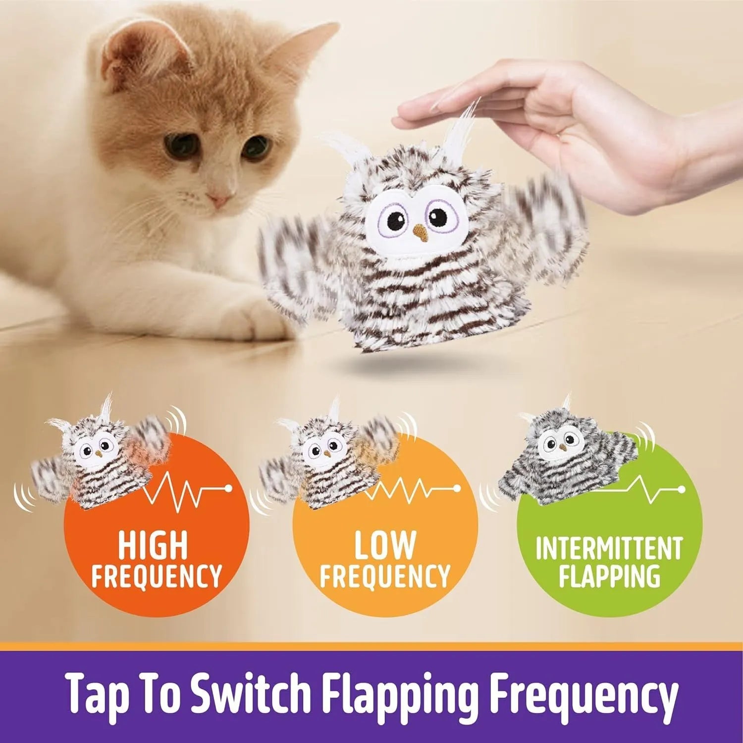 Grey owl-shaped automatic cat toy with flapping wings on a flat surface