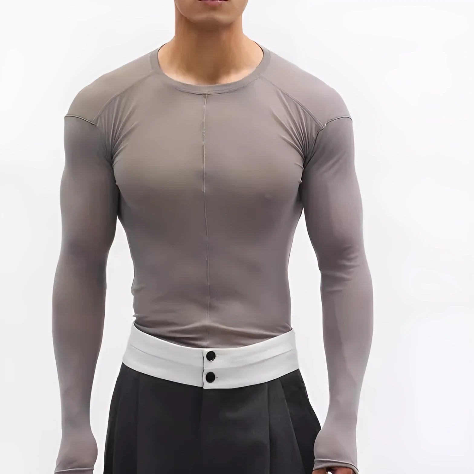 Black women's slim-fit pullover with mesh see-through texture and long sleeves.