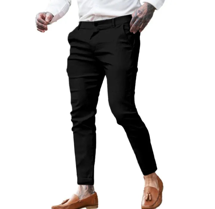 Men's slim fit stretch cotton twill pencil trousers in a choice of solid colours.