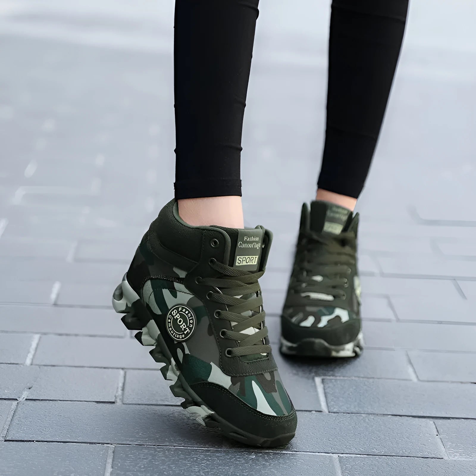Women's green camouflage canvas sneakers with increased platform design and rubber sole
