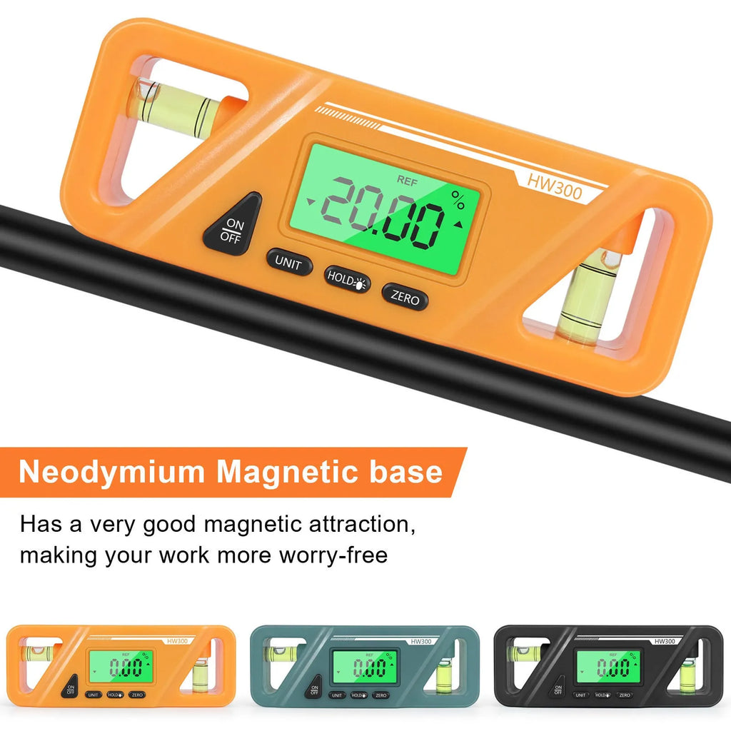 HW300 digital inclinometer level meter with magnetic base and LCD display, showing angle measurement.