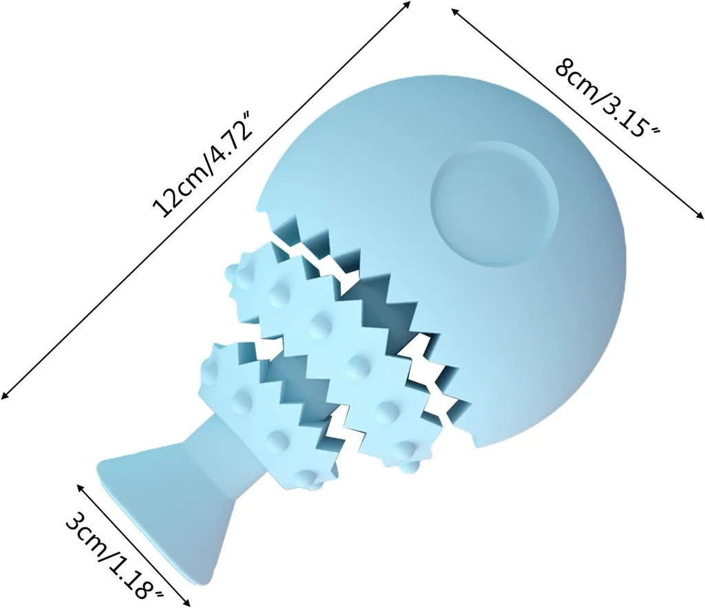 Blue fish bone shaped dog dental chew toy with a hole for treats.
