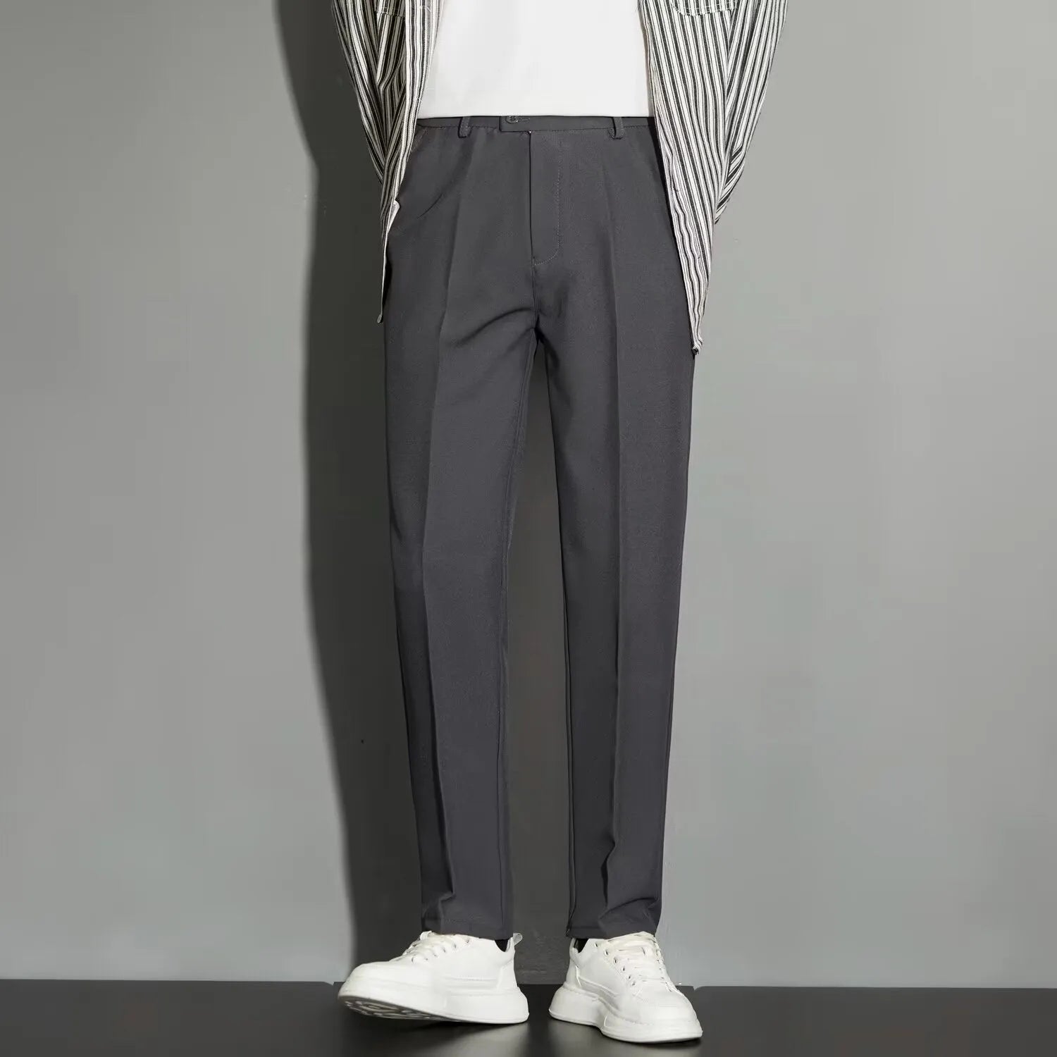 Men's straight ankle-length suit pants in a chemical fibre blend fabric, shown in multiple colours.