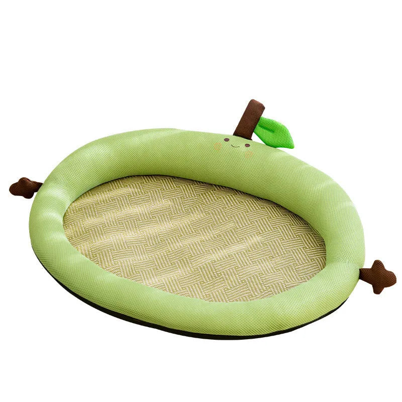 Green pet bed with fruit-patterned backrest, shown in large size for dogs.