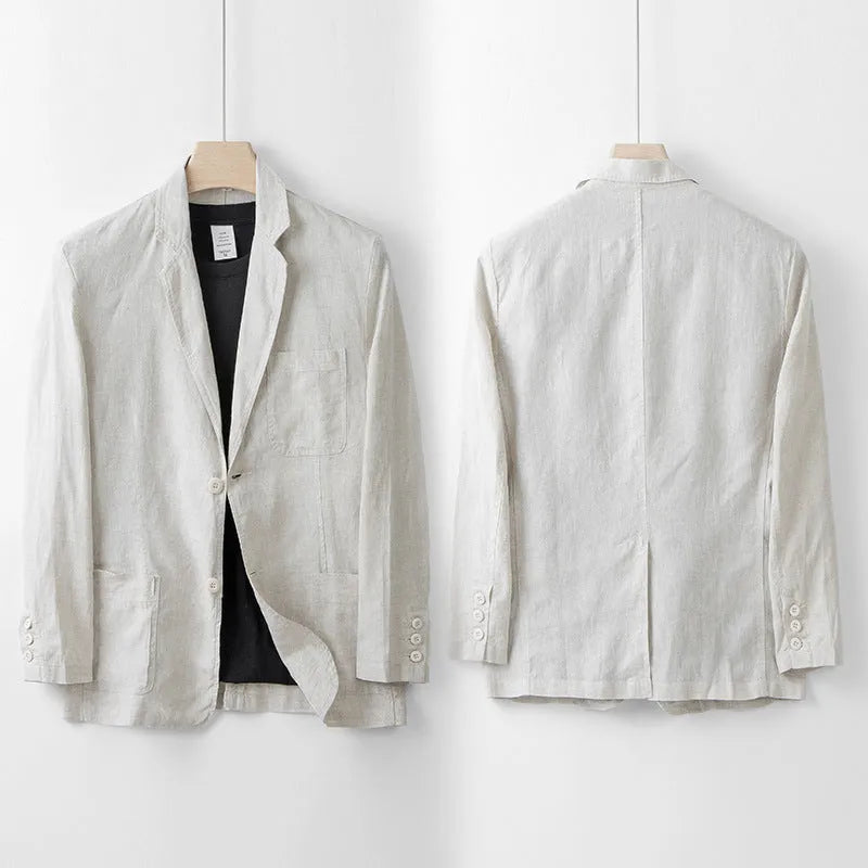 Men's solid colour linen casual blazer jacket shown in a loose fit style.