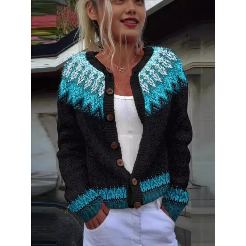 Yellow women's cardigan knitted coat with a raised 3D digital pattern, shown with regular sleeves.