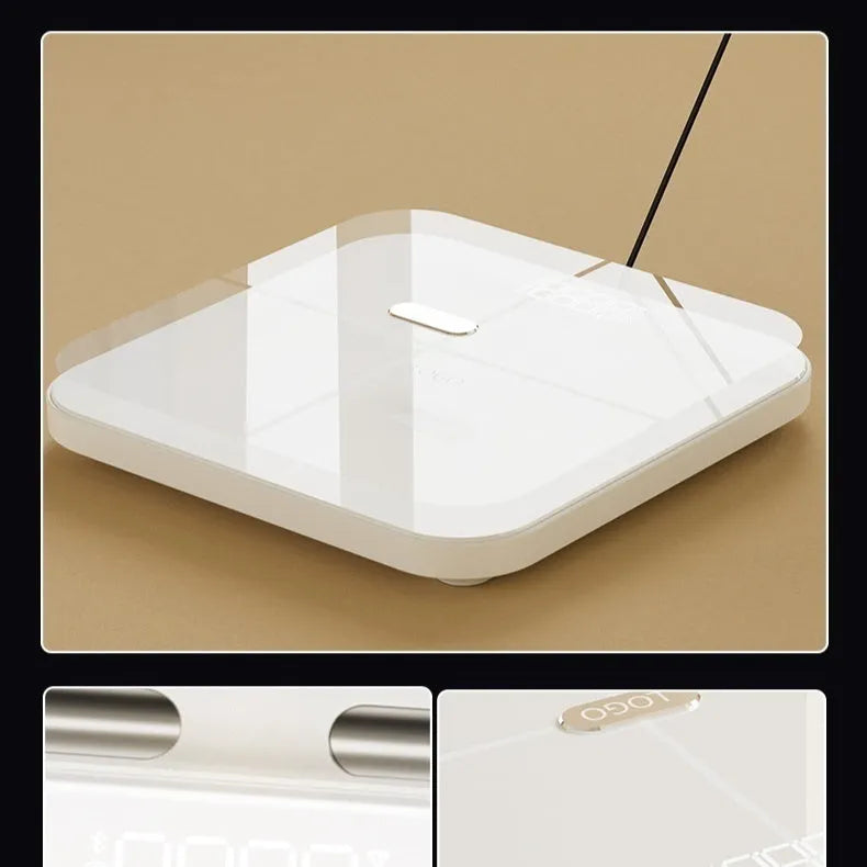 White professional body fat scale with tempered glass platform and 8 electrodes for body composition measurement