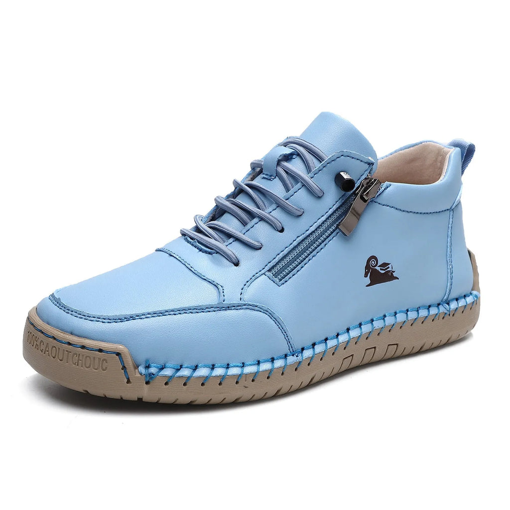 Women's hand-stitched flat shoes with microfiber upper, rubber sole, round toe, front lace-up, solid colour design