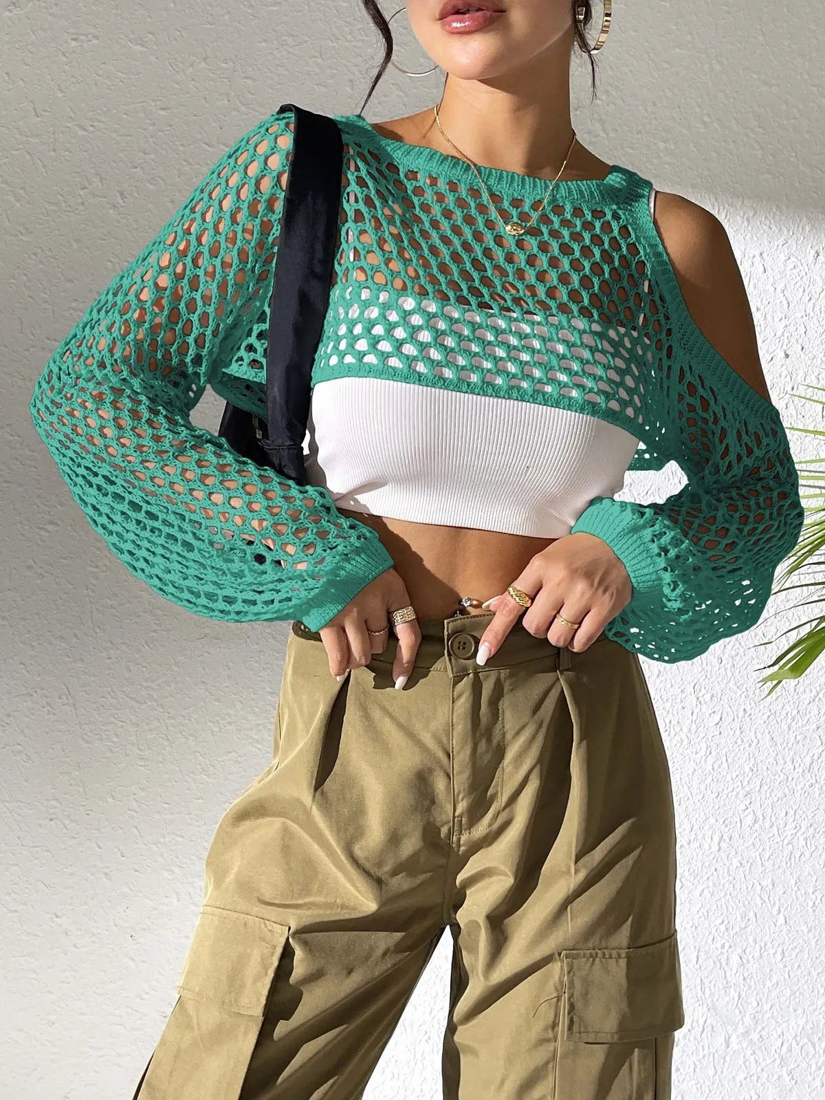 Mesh shirt with a hollowed navel design in a choice of colours including army green, black, and white.