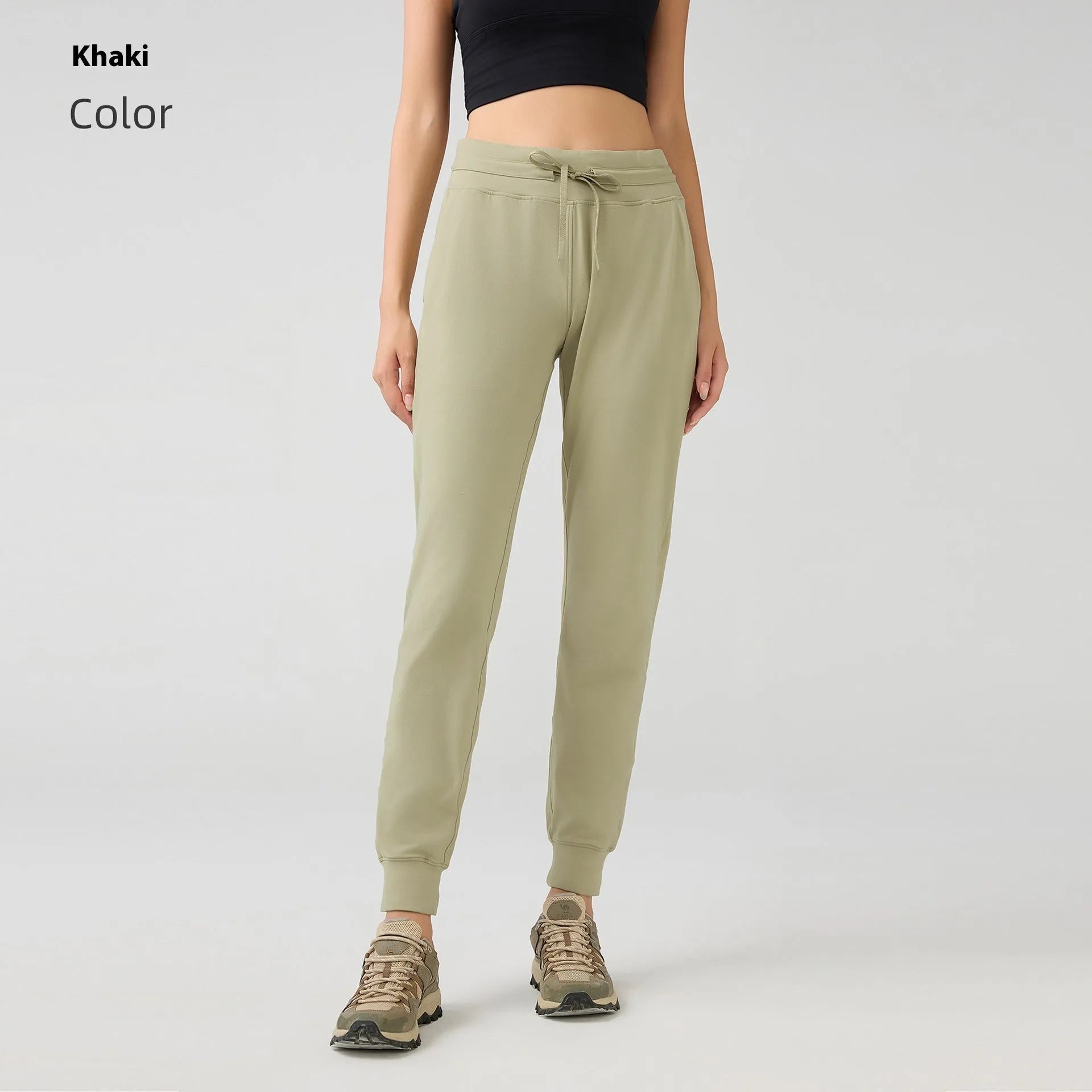 Women's high waist yoga pants with drawstring waistband in quick-drying cotton blend fabric, multiple colour options