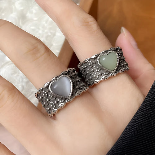 Adjustable heart ring in silver-plated white copper with retro moon design
