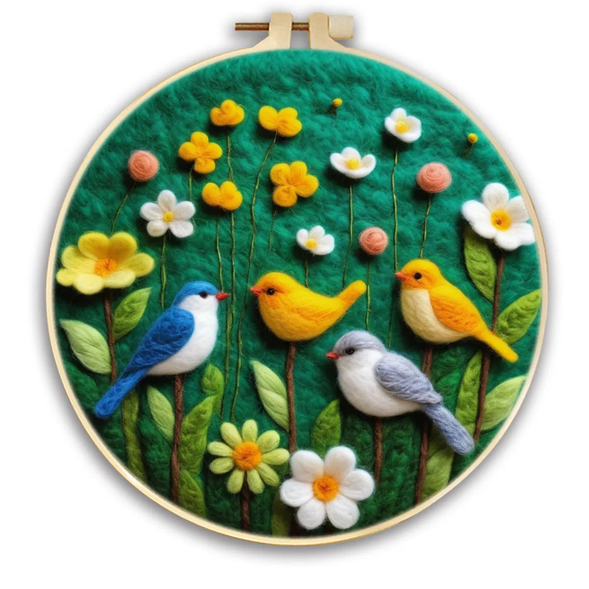 Round linen embroidery kit with wool felt pieces for 3D flowers and leaves, includes a free frame.