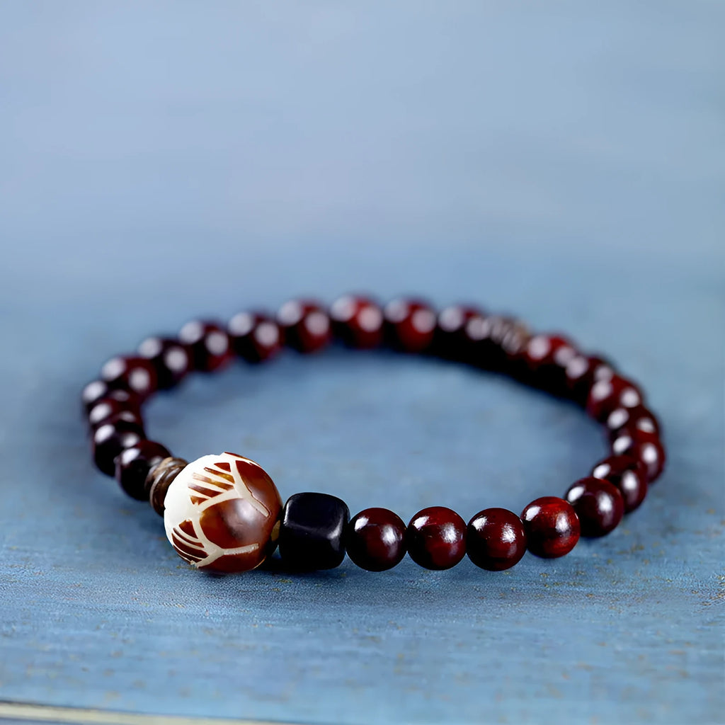 Natural rosewood double-ring bracelet with floral shape measuring 10mm wide, hand-knitted construction