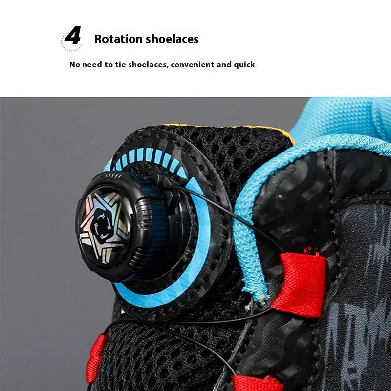 Children's black and colour basketball shoes with a rotating button fastening on the side.