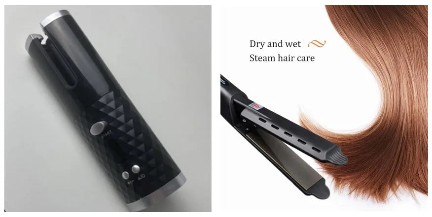 Portable USB charging curling iron with gold ceramic barrel in white, pink, or grey