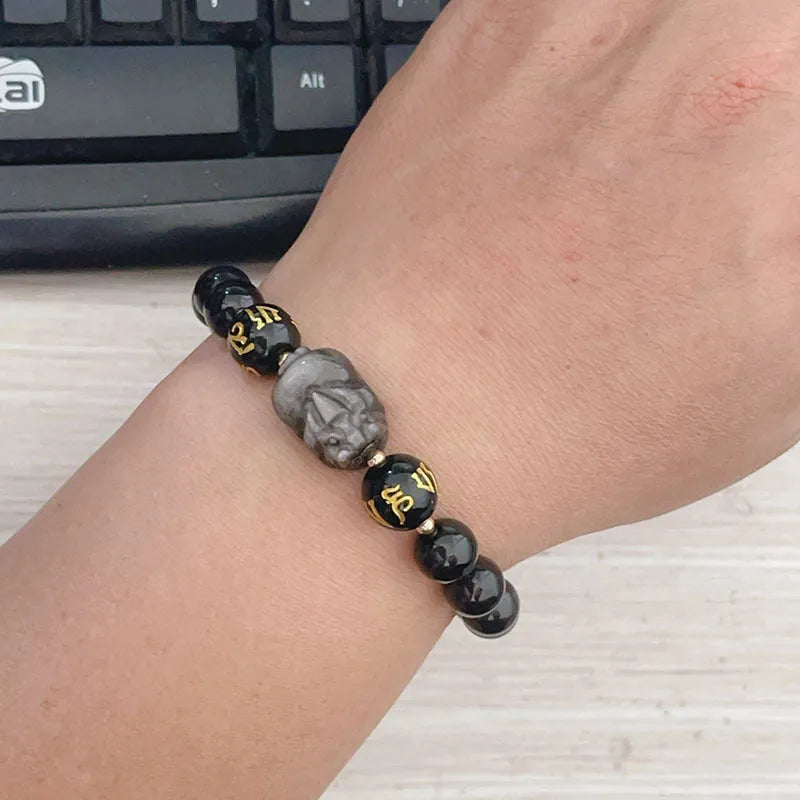 Men's silverstone bracelet with Chinese zodiac and proverb beading in 956 colour