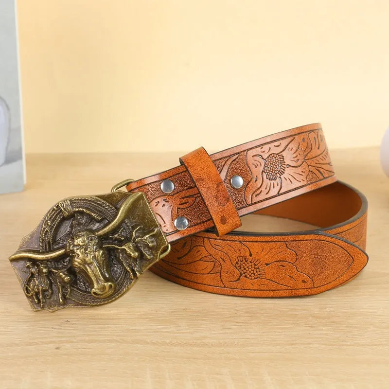 Men's black imitation leather belt with a metallic alloy cow head buckle and pin buckle fastening