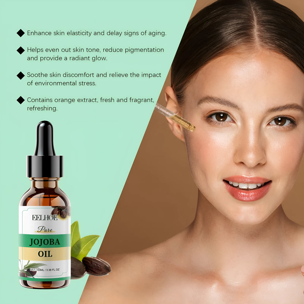 100ml glass bottle of organic jojoba oil with a dropper lid on a plain background.