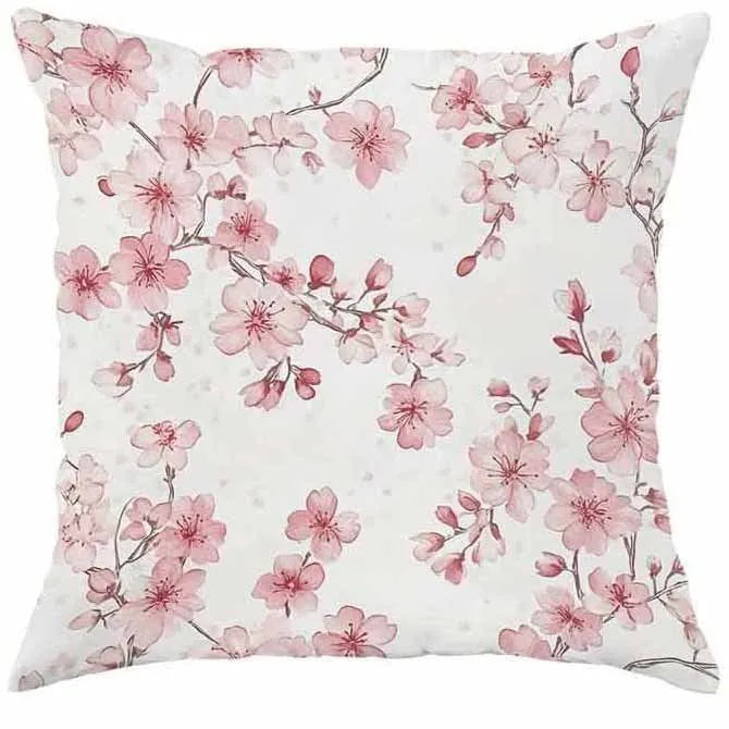 Short velvet cushion cover with cherry blossom letter print, 45cm square, shown in one of four colours.