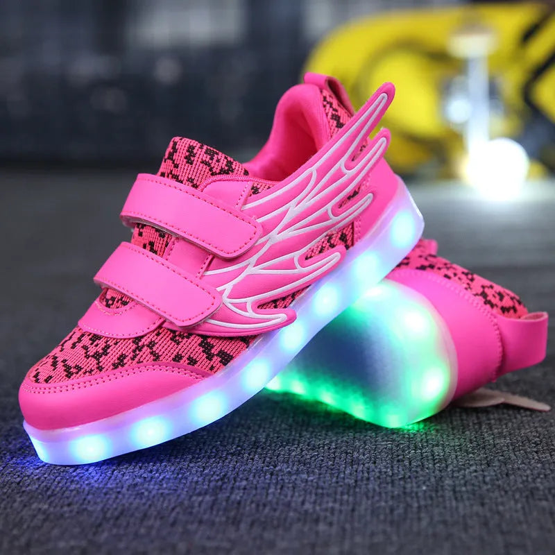 Children's plum red LED light-up sneakers with USB charging port and colourful luminous soles.