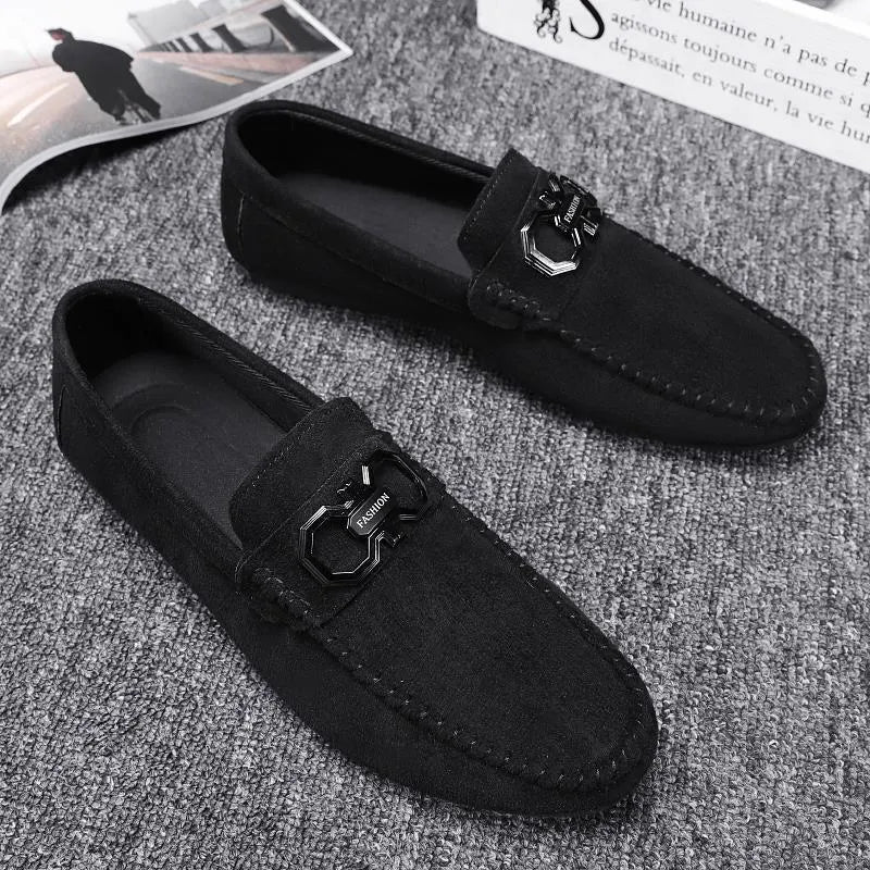 Men's black and grey suede casual shoes with rubber sole on a white background