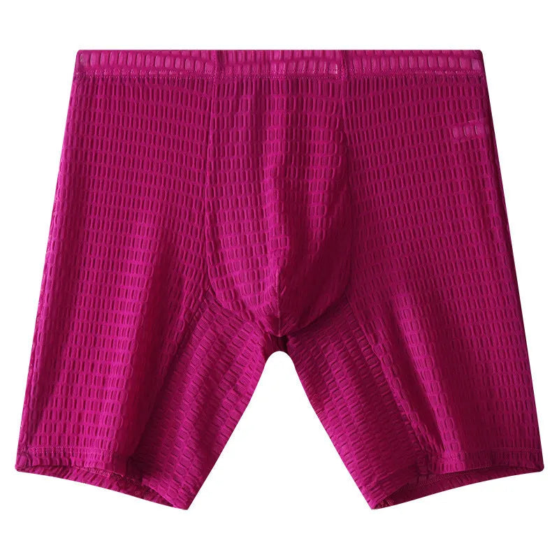 Men's lace boxer shorts in light purple colour showing mid-waist and knitted fabric detail
