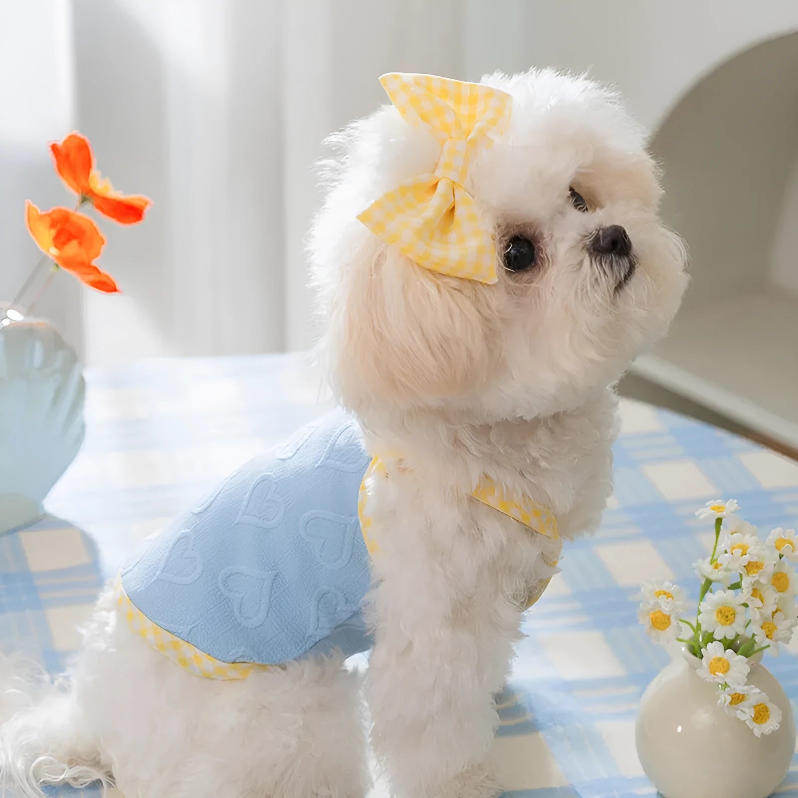 Small dog wearing heart bow suspenders vest in elastic material with decorative bow detail