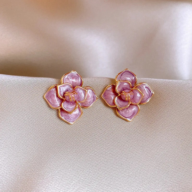 Purple oil-spot glaze gold-plated copper flower stud earrings with silver needle detail