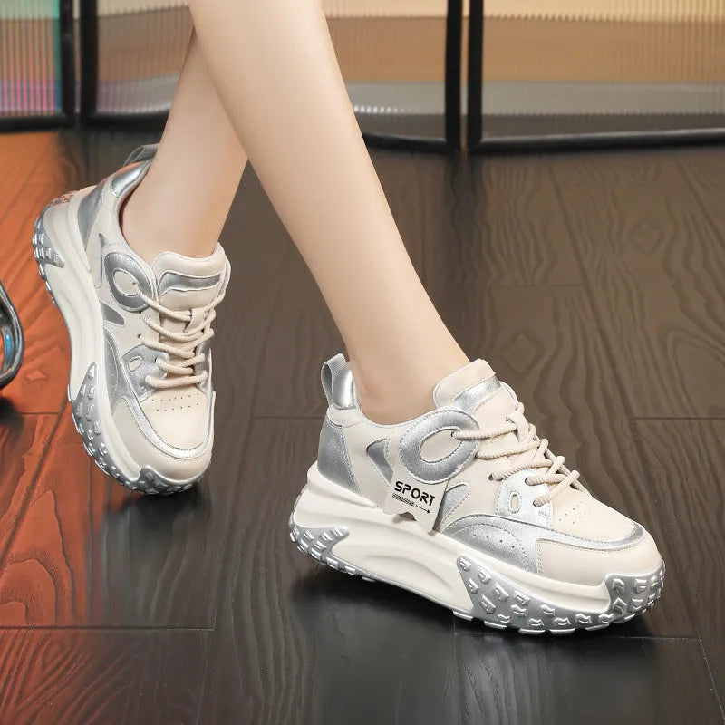 Pair of leather sports casual shoes with thick sole, wedge heel and front lace-up in multiple colour options