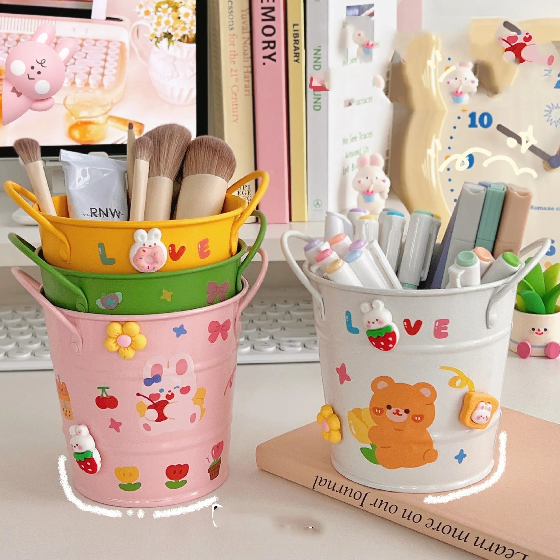 Round metal desk pen holder in various colours with decorative design