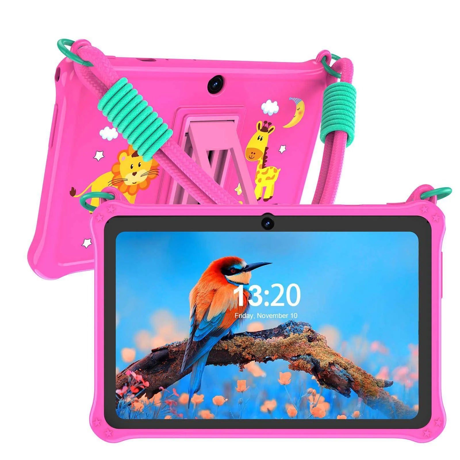 7-inch children's silicone tablet case with flat strap in sapphire blue or dark pink colours