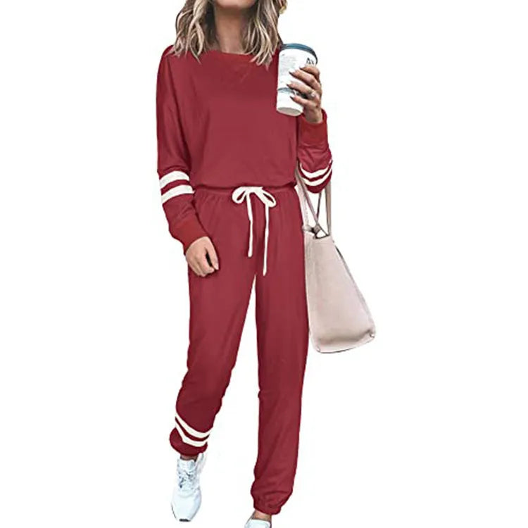 Women's plus size casual suit with long sleeve top and trousers in cotton blend fabric