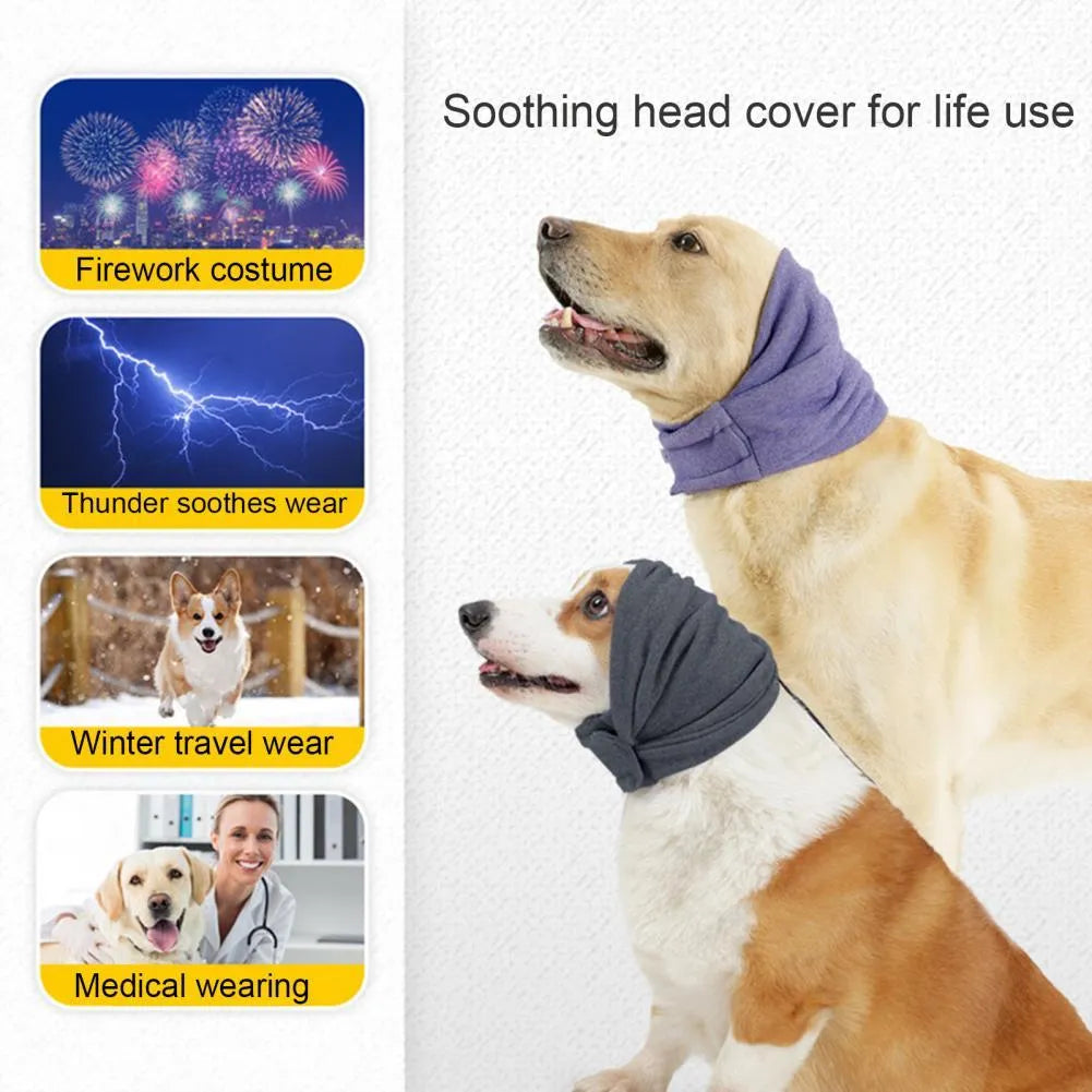 Dog wearing calming hoodie with ear covers in soft polyester fabric